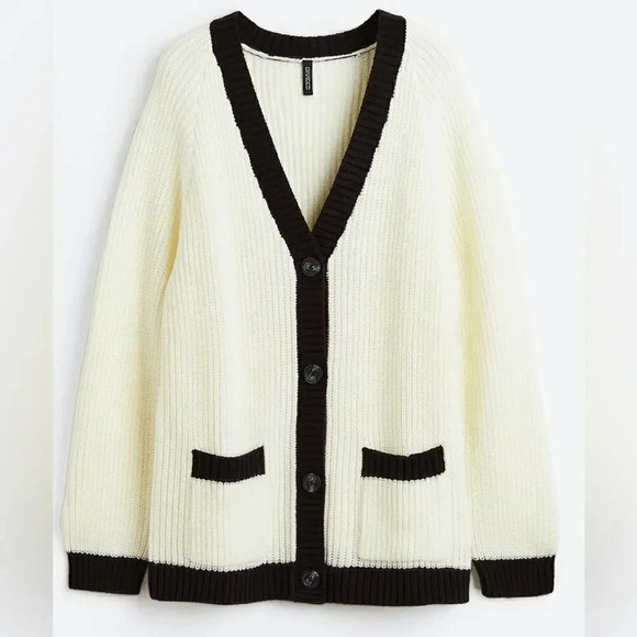 H&M ribbed knit cardigan button down vneck contrast trim cream black preppy - Picture 6 of 6